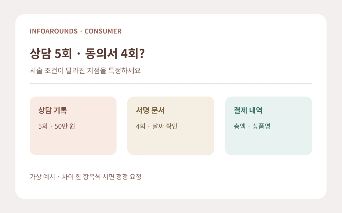 미용 시술 5회 상담과 동의서 4회 표기의 차이를 상담·서명·결제 시각 순서로 비교한 자체 제작 도식