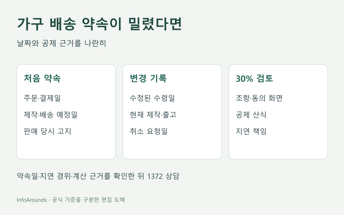 가구 주문 때 약속한 배송일과 변경 안내, 실제 미배송 기간, 판매자의 30% 공제 근거를 순서대로 대조하는 도해