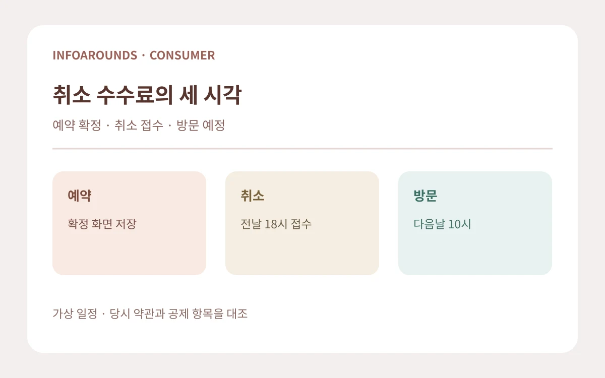 방문서비스 예약 확정과 전날 18시 취소 접수, 다음날 10시 방문 예정 시각을 구분한 가상 도식