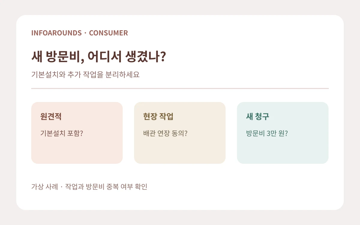 기본설치 포함 견적과 현장 배관 연장·방문비 청구를 작업·동의·영수증별로 분리한 자체 제작 도식