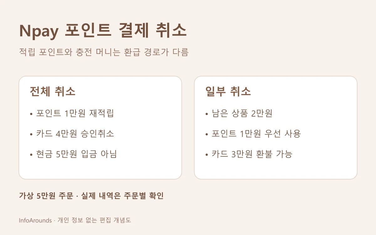 Npay 주문을 적립 포인트 1만 원과 카드 4만 원으로 결제한 뒤 전체 취소 시 포인트 재적립과 카드 승인취소, 일부 상품 취소 시 남은 상품에 포인트가 우선 배분되는 차이를 비교한 도해