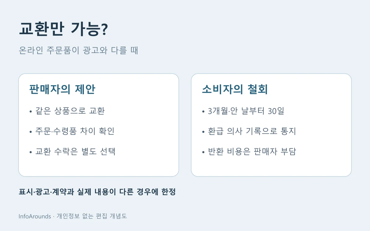 온라인 구매품이 광고·계약과 다를 때 판매자의 교환 제안과 소비자의 청약철회·환급 요구를 나누는 도해