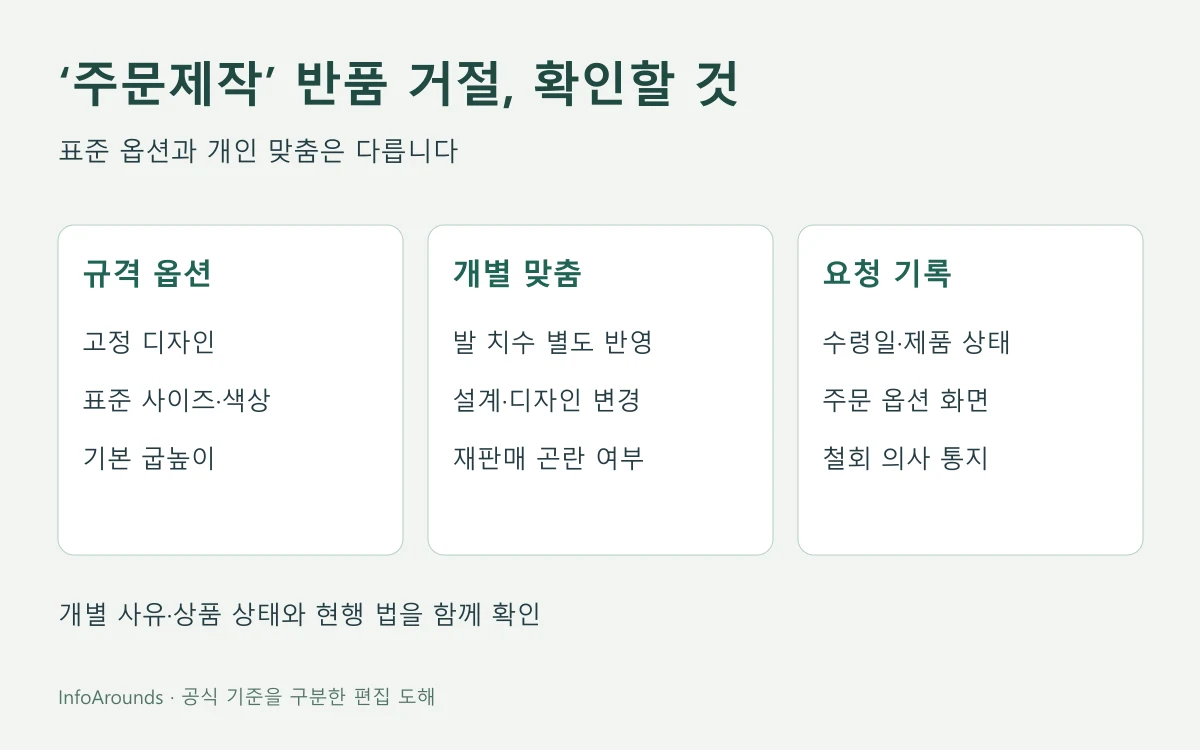 온라인 신발의 표준 옵션 선택과 개인 맞춤 변경을 비교하는 원본 반품 판단 도해