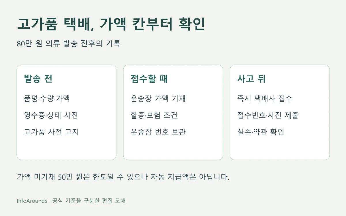 80만 원 상당 의류를 택배로 보내기 전 운송장 물품가액·가격증빙·할증 조건을 확인하고 사고 뒤 접수번호와 상태 사진을 보관하는 도해