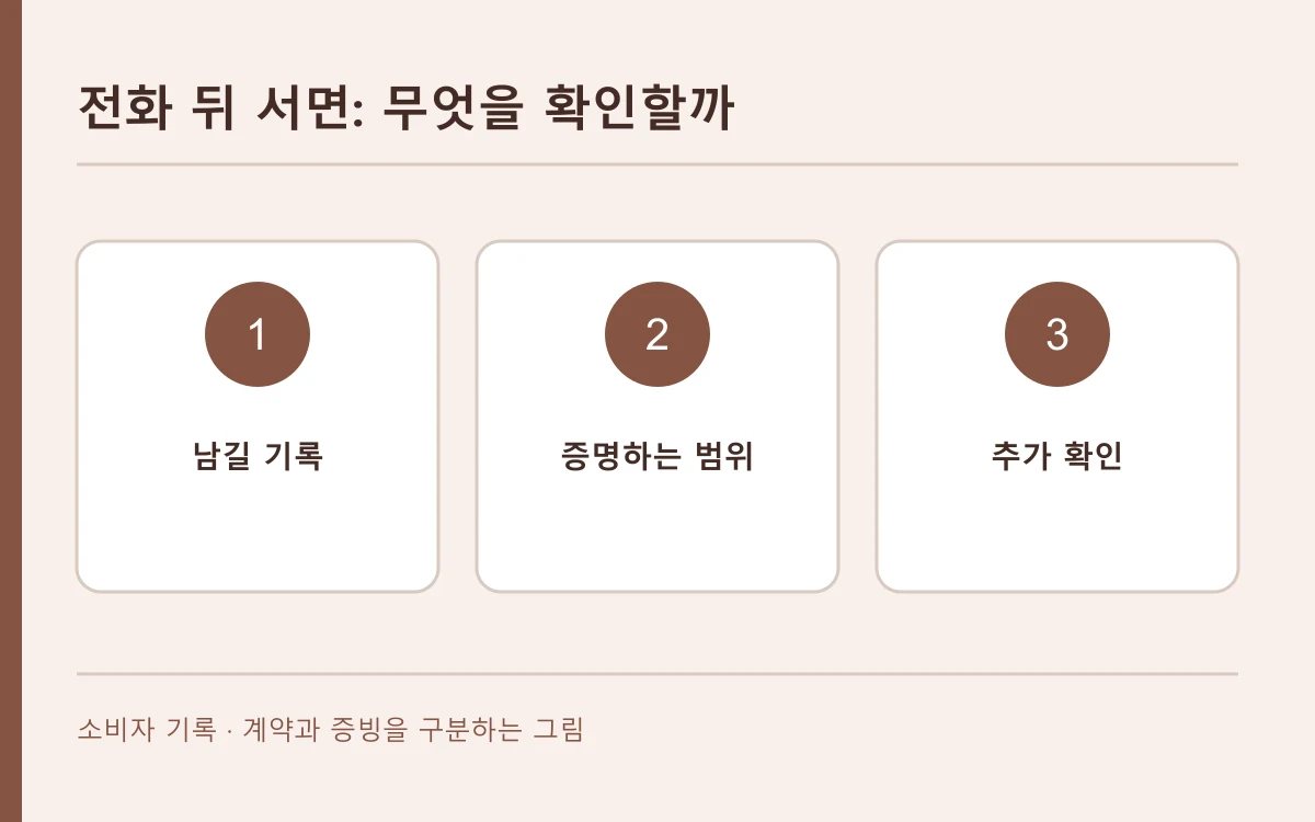 전화 뒤 서면의 자료와 다음 확인 경로를 세 칸으로 나눈 편집 개념도