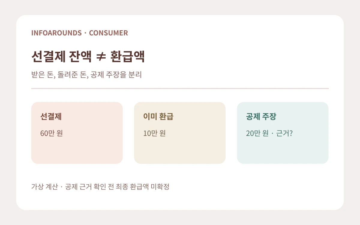 의료서비스 60만 원 선결제에서 환급 10만 원과 사용료 20만 원 주장을 분리해 미확정 잔액을 대조하는 가상 도식