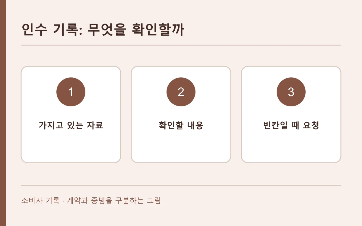 인수 기록의 자료와 다음 확인 경로를 세 칸으로 나눈 편집 개념도