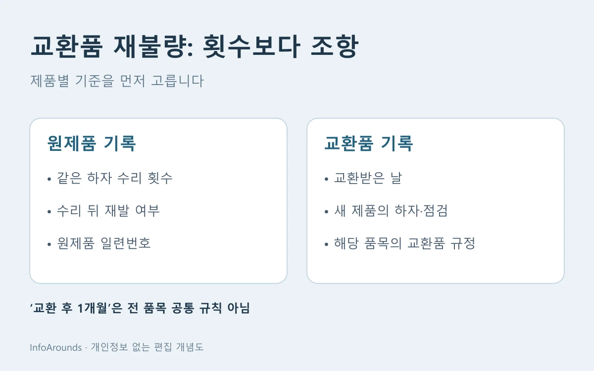원제품 수리 이력과 교환품 재불량을 나눠 기록하고 해당 품목의 교환 후 한 달·동종 하자 조건을 대조하는 판단 도해