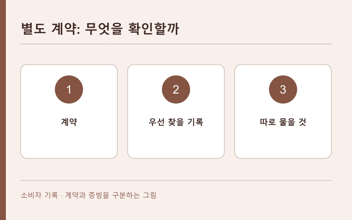 별도 계약의 자료와 다음 확인 경로를 세 칸으로 나눈 편집 개념도